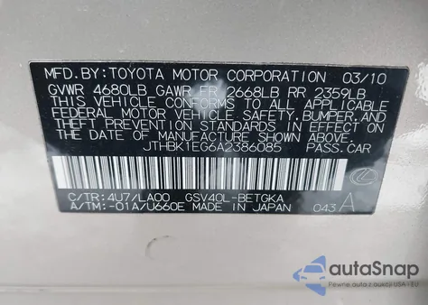 2010 Lexus Es 350 z USA, uszkodzony, nr VIN JTHBK1EG6A2386085